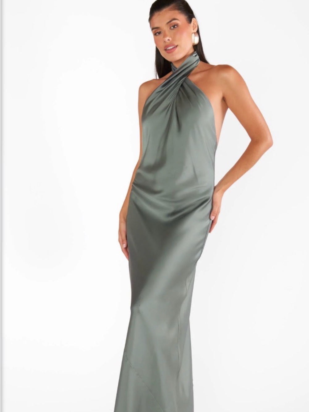 Show Me Your Mumu: Jasmine Satin Halter Neck Maxi Dress in Sage Green
